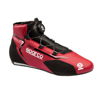 Red and black Sparco racing shoe designed for motorsport with adjustable closure and high grip sole.
