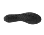 Close-up of a black racing shoe sole with detailed tread pattern for grip and performance.