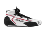Close-up of a Sparco racing shoe designed for Grand Prix racewear, featuring black, white, and red accents with a high ankle support and secure fastening system.