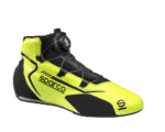 High-performance Sparco racing shoe in yellow and black with advanced closure system for motorsport drivers.