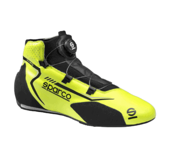 High-performance Sparco racing shoe in yellow and black with advanced closure system for motorsport drivers.