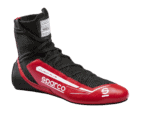 Close-up of a Sparco racing shoe with black and red design, featuring high ankle support and racing branding.