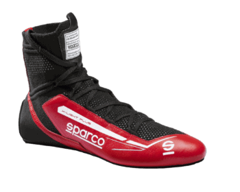 Close-up of a Sparco racing shoe with black and red design, featuring high ankle support and racing branding.