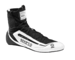 Black and white Sparco racing shoe with high ankle support, designed for motorsport safety and performance.