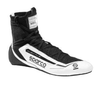 Black and white Sparco racing shoe with high ankle support, designed for motorsport safety and performance.