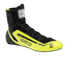 High-performance Sparco racing shoe in black and yellow with racing branding, designed for motorsport safety and comfort.