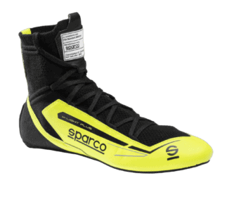 High-performance Sparco racing shoe in black and yellow with racing branding, designed for motorsport safety and comfort.