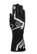 Black Sparco racing glove with white and grey accents, designed for motorsport safety and performance.