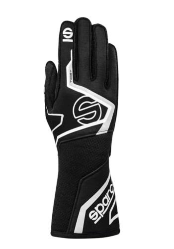 Black Sparco racing glove with white and grey accents, designed for motorsport safety and performance.
