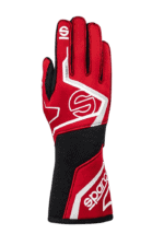 Red and black Sparco racing glove with white accents, designed for motorsport safety and performance.