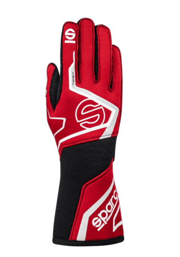 Red and black Sparco racing glove with white accents, designed for motorsport safety and performance.