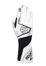 Sparco racing glove designed for motorsport, featuring a white and black colour scheme with branding and grip details.