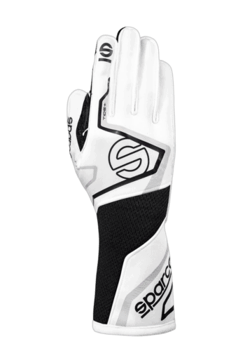 Sparco racing glove designed for motorsport, featuring a white and black colour scheme with branding and grip details.