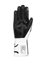 Black and white Grand Prix racing glove with protective padding, designed for motorsport safety and performance.