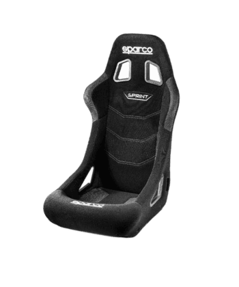Sparco Sprint racing seat designed for motorsport safety and comfort, featuring black upholstery and high-back support.