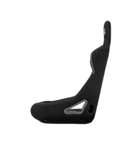 Black racing seat designed for motorsport safety and comfort, featuring ergonomic support and durable materials.