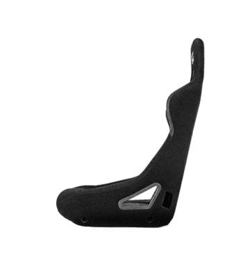 Black racing seat designed for motorsport safety and comfort, featuring ergonomic support and durable materials.