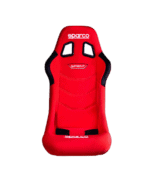 Red Sparco Sprint racing seat designed for motorsport safety and comfort, featuring high back support and harness slots.