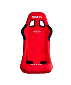 Red Sparco Sprint racing seat designed for motorsport safety and comfort, featuring high back support and harness slots.