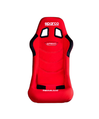 Red Sparco Sprint racing seat designed for motorsport safety and comfort, featuring high back support and harness slots.