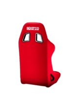 Red Sparco racing seat with black and white branding, designed for motorsport safety and support.