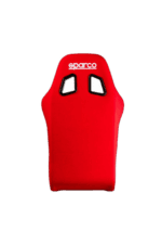 Red Sparco racing seat with black and white cutouts, designed for motorsport safety and comfort.