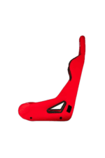 Red Grand Prix racing seat with black and white accents, designed for high-performance motorsport comfort and safety.