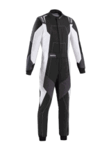 Grand Prix Racewear racing suit in black and white with protective padding, designed for motorsport drivers for safety and performance.