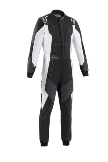 Grand Prix Racewear racing suit in black and white with protective padding, designed for motorsport drivers for safety and performance.