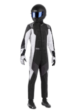 Professional racing driver in full Grand Prix Racewear suit with helmet, gloves, and boots, ready for motorsport competition.