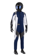Professional racing driver in Grand Prix Racewear with helmet, racing suit, gloves, and boots, ready for motorsport competition.