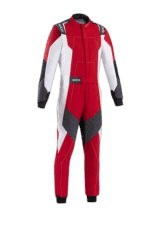 Grand Prix Racewear racing suit in red, white, and black with protective padding, designed for motorsport drivers for safety and performance.