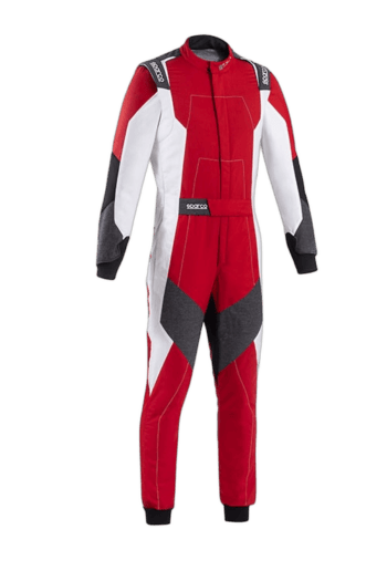 Grand Prix Racewear racing suit in red, white, and black with protective padding, designed for motorsport drivers for safety and performance.