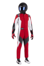 Professional racing driver in a red, white, and black racing suit with helmet and gloves, ready for motorsport competition.