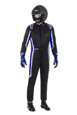 Race car driver in Grand Prix Racewear suit with helmet and gloves, ready for racing.