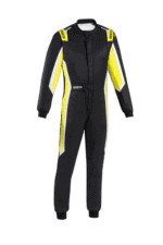 Grand Prix Racewear racing suit in black with yellow and white accents, designed for motorsport safety and performance.