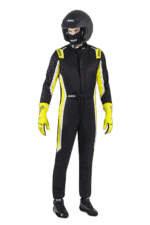 Professional racing driver in Grand Prix Racewear with helmet, racing suit, and gloves, ready for motorsport competition.