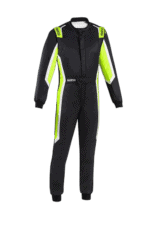 Grand Prix Racewear racing suit with black and neon yellow accents, designed for motorsport safety and performance.