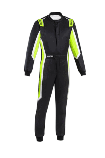 Grand Prix Racewear racing suit with black and neon yellow accents, designed for motorsport safety and performance.