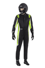 Professional racing driver in Grand Prix Racewear suit with helmet and gloves, ready for motorsport competition.