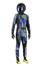 Motorsport racing suit and helmet from Grand Prix Racewear, designed for professional racers, featuring vibrant blue, yellow, and black patterns for high visibility and style.