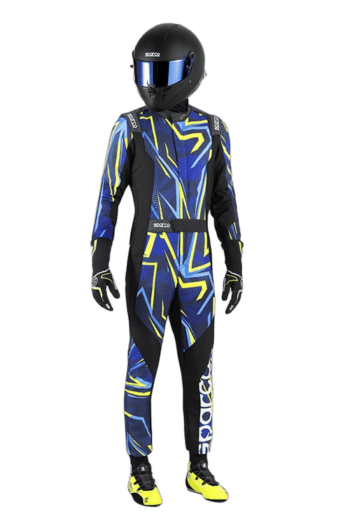 Motorsport racing suit and helmet from Grand Prix Racewear, designed for professional racers, featuring vibrant blue, yellow, and black patterns for high visibility and style.