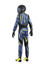 Grand Prix Racewear racing suit with helmet, designed for motorsport enthusiasts, featuring a blue, yellow, and black pattern for optimal safety and style.