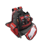 Red and black racing tool backpack with multiple compartments for racewear accessories and tools, ideal for motorsport professionals.