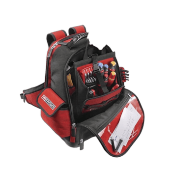 Red and black racing tool backpack with multiple compartments for racewear accessories and tools, ideal for motorsport professionals.
