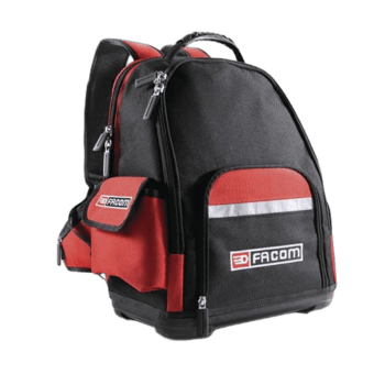 Facom Soft Backpack Bs.L30pb in black and red with multiple compartments and zippers, ideal for professional tool storage and transport.