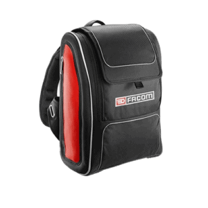 Facom modular and compact backpack in black with red side panel and logo, designed for professional tool storage and transport.