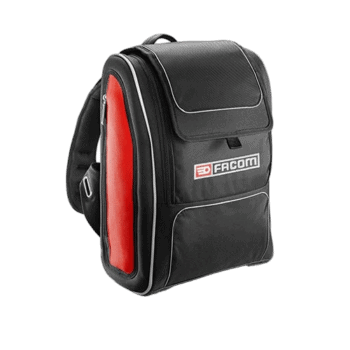 Facom modular and compact backpack in black with red side panel and logo, designed for professional tool storage and transport.