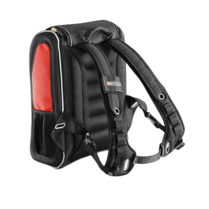 Black and red Grand Prix Racewear backpack with padded straps and multiple compartments for motorsport gear.