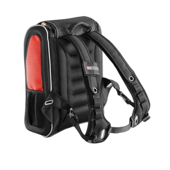 Black and red Grand Prix Racewear backpack with padded straps and multiple compartments for motorsport gear.